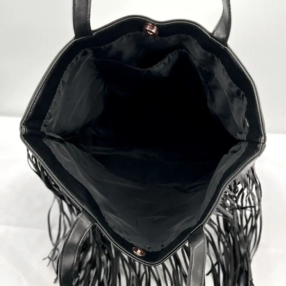 Victorias Secret Boho Fringe Limited Edition Black Faux Leather Large Tote Bag
